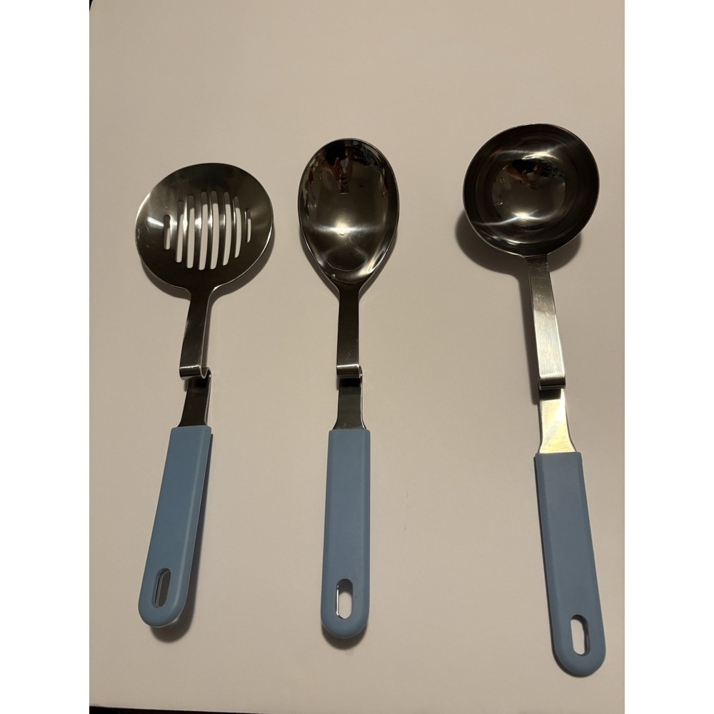 Lori Greiner No Mess Stainless Silicone Utensils Lot of 3 Hangs On Pots Blue